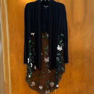 Kim & Cami Black Sheer Cardigan with Floral Embroidery